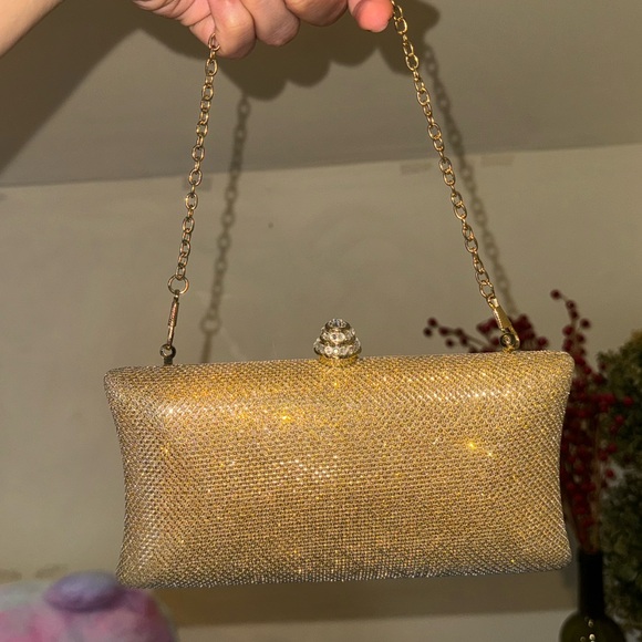 Gold Evening Clutch Purse with Rhinestone Knob - Picture 5 of 9